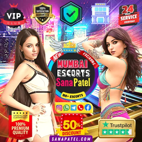 Banner image for Mobile and Tablet Devices of Sana Patel Mumbai Escorts services. In the banner, 2 Mumbai Escorts girls with icons depict 24/7 services, VIP Access, Trusted Website, Customer Privacy Protected, Trustpilot.com 4/5 rated, Service available at 4/5 star hotels and Special Offers - 50% off. Also in the middle a Sexy Girl icon mentioning 100+ Escorts Available.